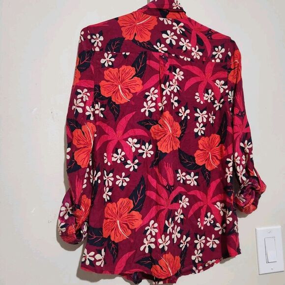 Lucky Brand sili Blouse For Women Size Medium Floral Print Roll Tab Sleeves - Picture 7 of 13